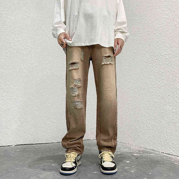 

ripped baggy jeans men fashion retro casual hole straight jeans men streetwear hip hop loose denim pants mens trousers -2xl t220726, Blue