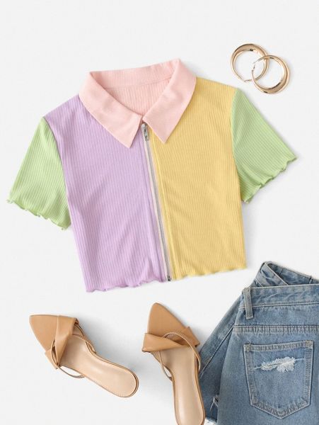 

zipper placket colorblock panel t-shirt p5vk#, White