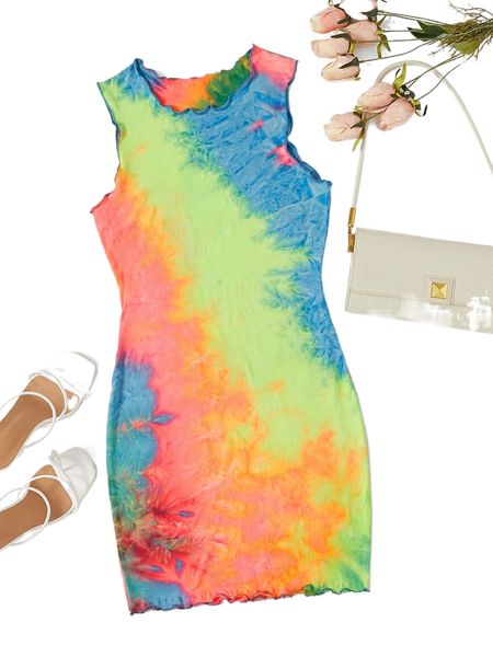 

tie dye lettuce trim dress y1bm#, Black;gray