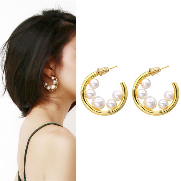 

trendy hoop earrings for women pearl ladies circle round stud luxury brand quality fashion jewelry 2022 accessories christmas gift copper ac, Golden;silver