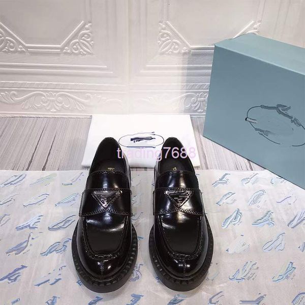 

dress shoes p's high version triangle leather shoes thick bottom heel british style round head patent lazy lefu women's, Black