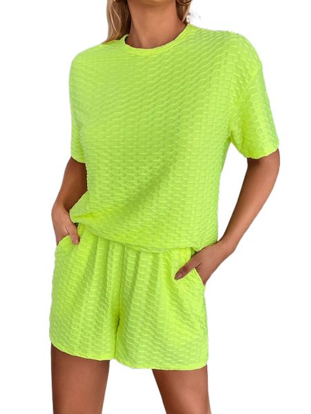 

neon green honeycomb textured drop shoulder tee & shorts u6tk#, White