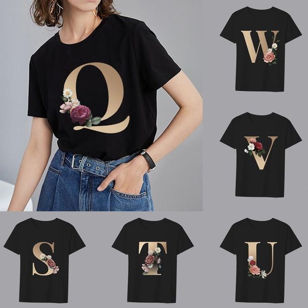 T-shirt preto de verão de verão 26 séries de impressão em letras inglesas Casual Slim Top Moda