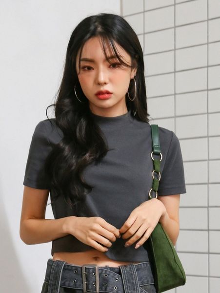 

dazy mock neck ribbed knit tee b63g#, White