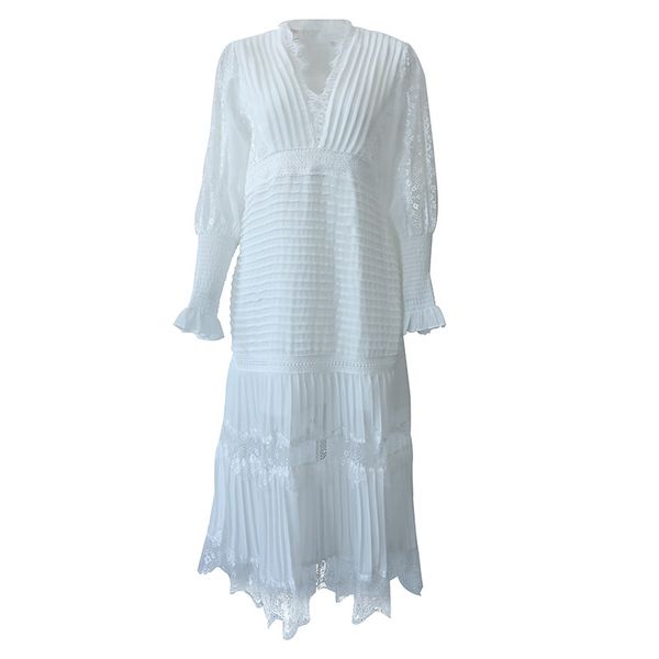 

fashion women pleated party long dress spring v neck lantern sleeve chiffon patchwork lace bodycon slim long dress vestidos, White;black