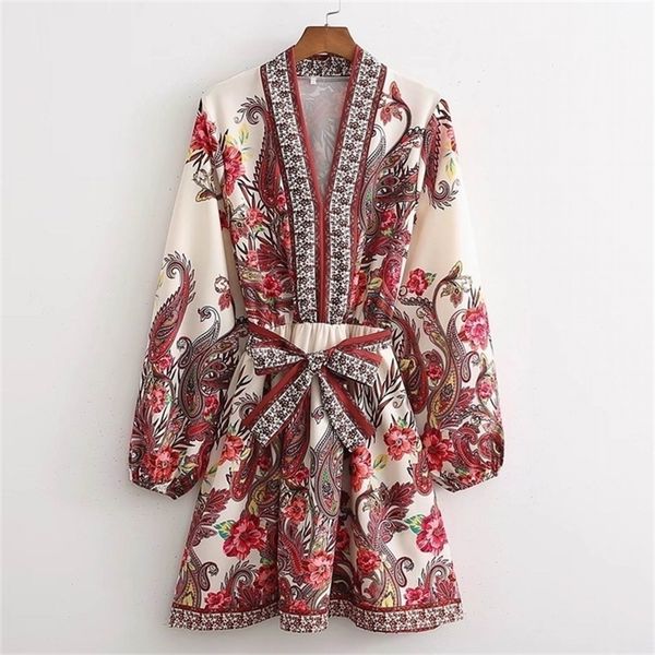 

women print dress with belt spring fashion v neck vintage patter above knee clothing female casual vestido 220614, Black;gray