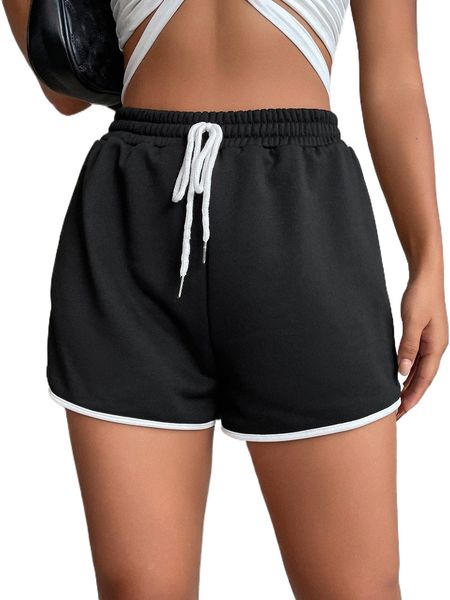 

tie waist contrast binding shorts q3qa#, White;black