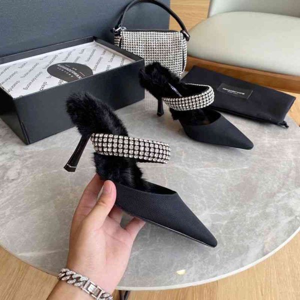 

sandals designer luxury high version autumn and winter king baotou wool slippers women's high-heeled pointed shoes one-sided belt sanda, Black