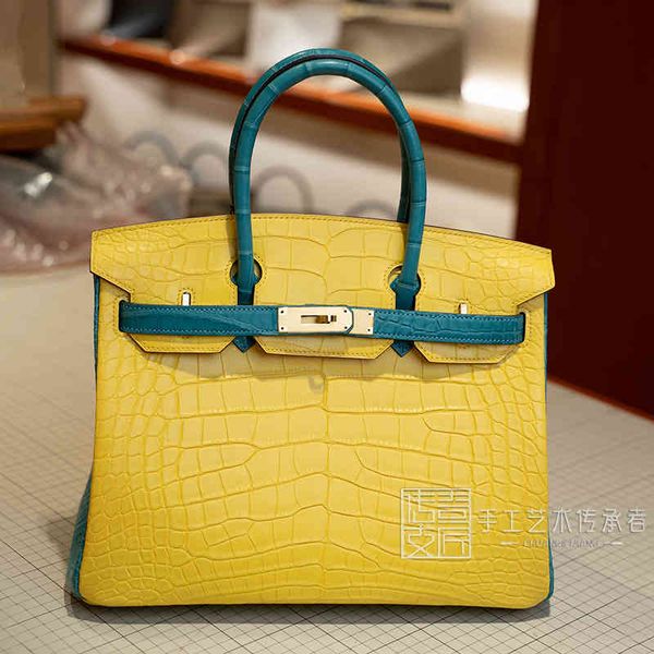 

designer handbags birkins 2021 new crocodile skin women's bag lemon yellow spell peacock blue bk30cm gold buckle handbag