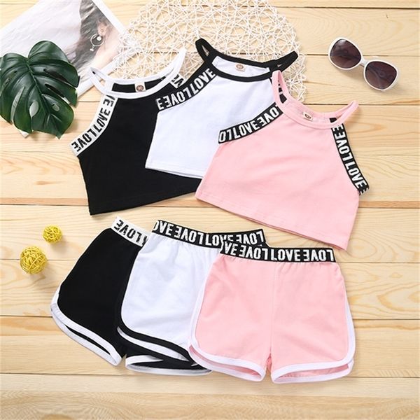 

2 6y girl clothes set summer outfit letter sleeveless tank shorts outfits fashion kid tracksuit 220620, White