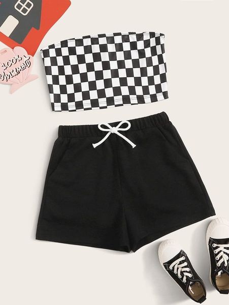

sheen girls chessboard short bra and drawstring waist shorts set she, White