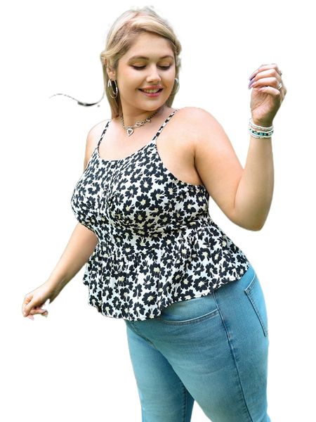 

plus floral print peplum cami 23hu#, Black
