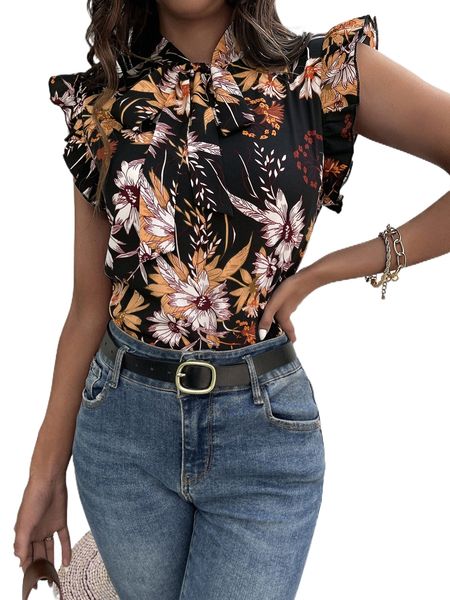 

floral print tie neck flutter sleeve blouse 78vr#, White