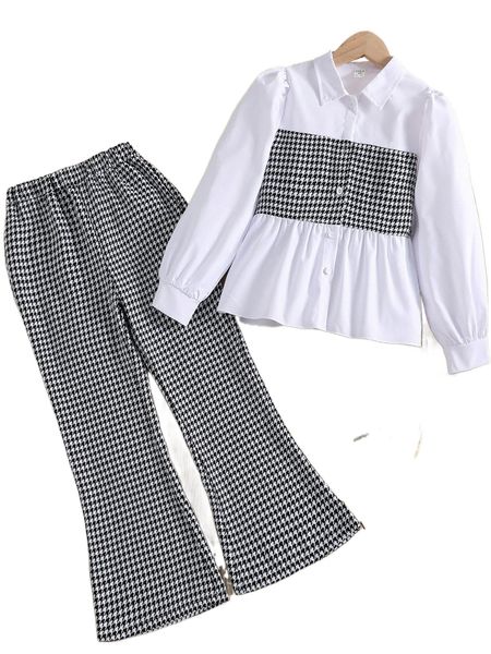 

girls houndstooth print ruffle hem shirt & pants c8jj#, Black;white