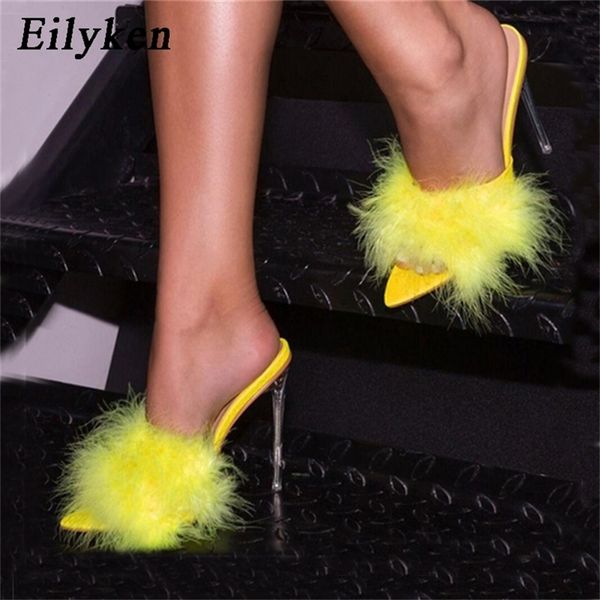 

eilyken summer pointed toe furry slippers ladies sandals fashion design clear perspex heels women mules shoes fluffy slides 220429, Black
