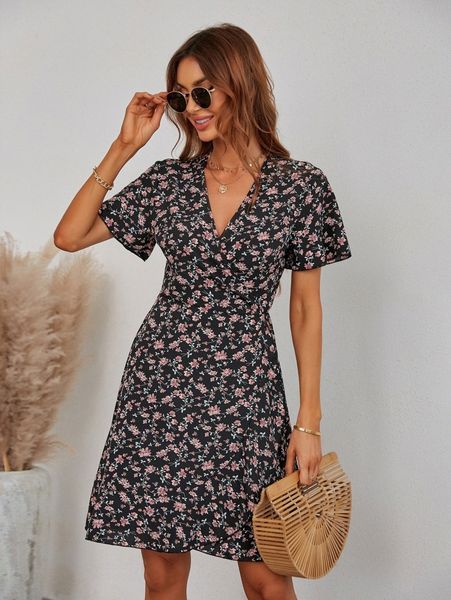 

all over floral print deep v neck dress q074#, Black;gray