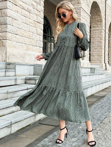 

dalmatian print lantern sleeve ruffle hem dress a6eb#, Black;gray