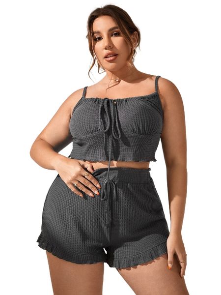 

plus knot front lettuce trim drawstring waist pj set s1m9#, Black;white