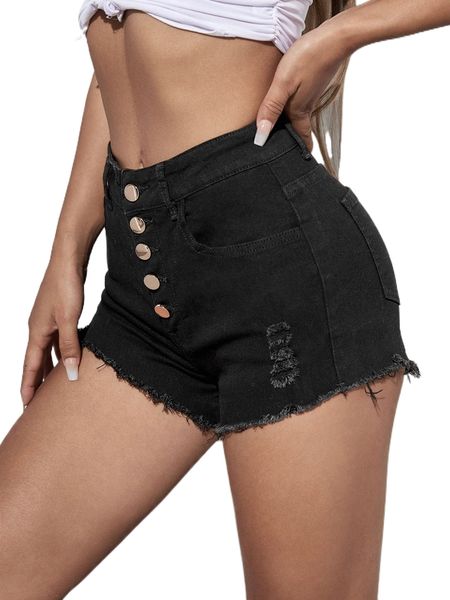 

raw hem button fly denim shorts z40g#, White;black