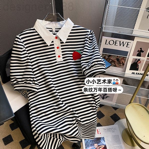 

women's t-shirt designer summer korean french polo collar strawberry embroidery fashion stripe short sleeved dress age reducing loose o, White