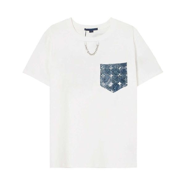 Yüksek kaliteli moda tasarımcı tişört markası erkekler tişört cep mektubu baskı zinciri yuvarlak boyun kısa kollu tişört pamuklu erkek kadın yüksek