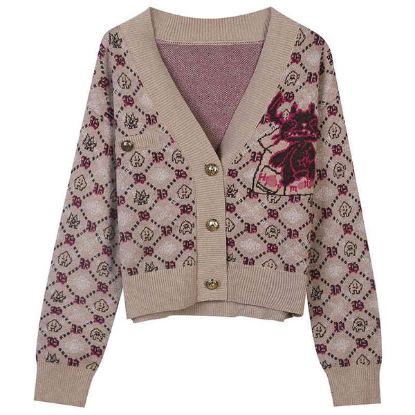 

women's sweaters autumn and winter color contrast check jacquard cartoon embroidery celebrity xiaoxiangfeng slim fitting v-neck knitted, White;black