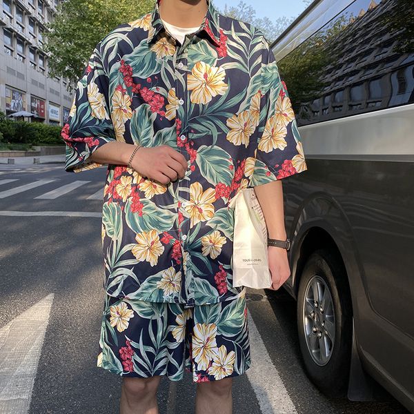 

summer men casual loose trendy breathable suits shirts seaside beach vacation hip-hop and aa, White;black