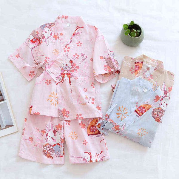 Süße 100 % Gaze-Baumwolle, Kinder-Kimono-Bademäntel, Jungen und Mädchen, japanische Sommer-Pyjama-Sets, kurze Ärmel, Kinder-Nachtwäsche AA220326