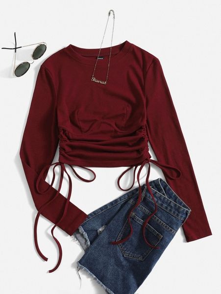 

drawstring ruched rib knit crop tee c9cm#, White