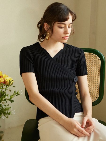 

knit mix wrap asymmetrical hem knit g5o3#, White;black