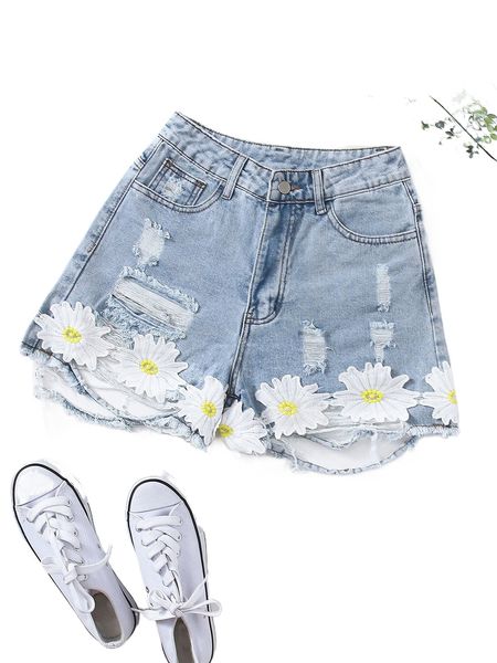 

floral appliques ripped denim shorts 79lm#, White;black