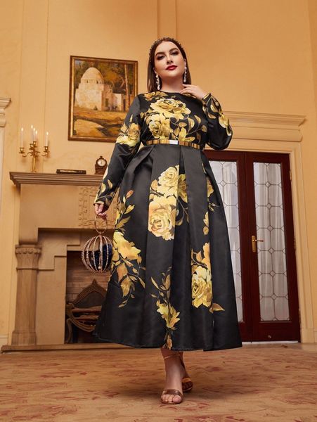 

plus floral print fold pleated dress q10w#, Black