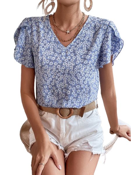 

allover floral print petal sleeve blouse s3bx#, White