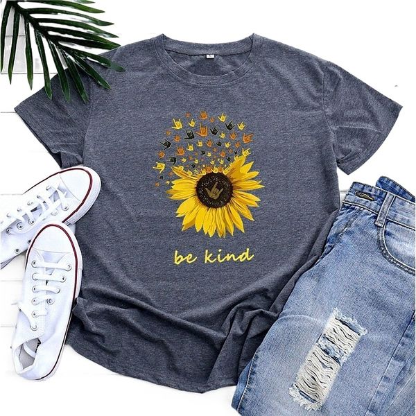 

yssgtt be kind sunflower t-shirt women cute funny graphic tee teen girls casual short sleeve shirt grey k1oe#, White