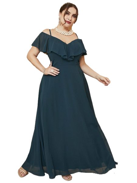 

plus cold shoulder ruffle trim chiffon maxi dress g1jy#, Black