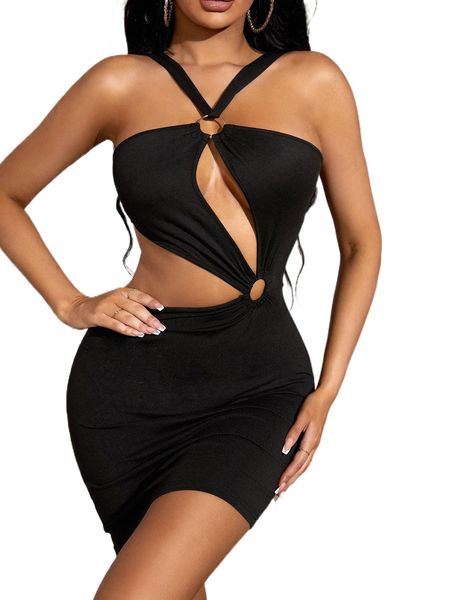 

sxy cut out o-ring bodycon dress 67r2#, Black;gray