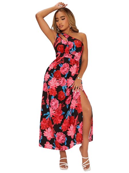 

sxy allover floral print cut out one shoulder slit thigh dress u8ce#, Black;gray