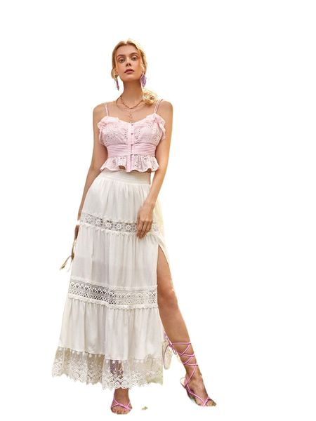 

split thigh lace panel skirt 76yz#, Black