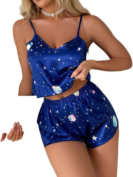 

galaxy print cami & shorts pj set t6va#, Black;red