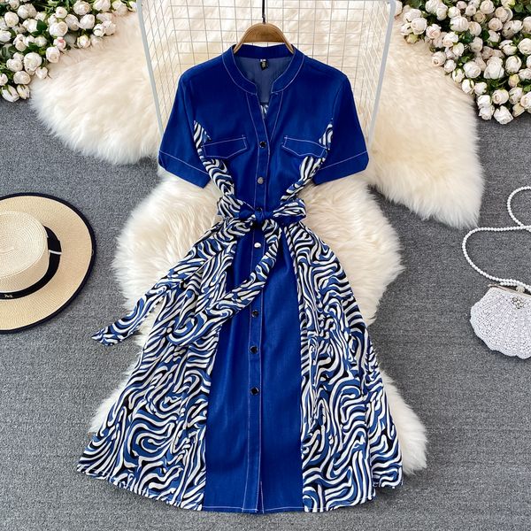 

summer zebra stripes patchwork denim casual dress women short sleeve single breasted bandgae dress elegant vintage office dresses 2022, Black;gray