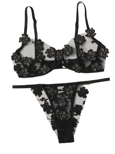 

floral appliques mesh underwire lingerie set k9ch#, Black;red