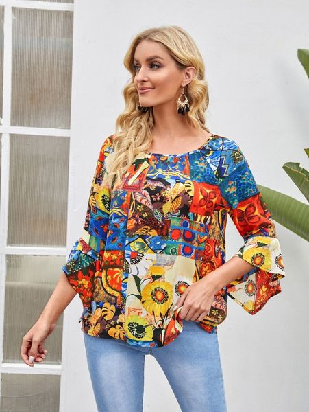 

emery rose patchwork print flounce sleeve blouse w7ii#, White