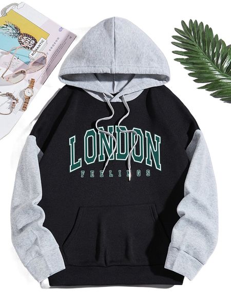 

letter graphic colorblock kangaroo pocket drawstring hoodie 40ec#, Black