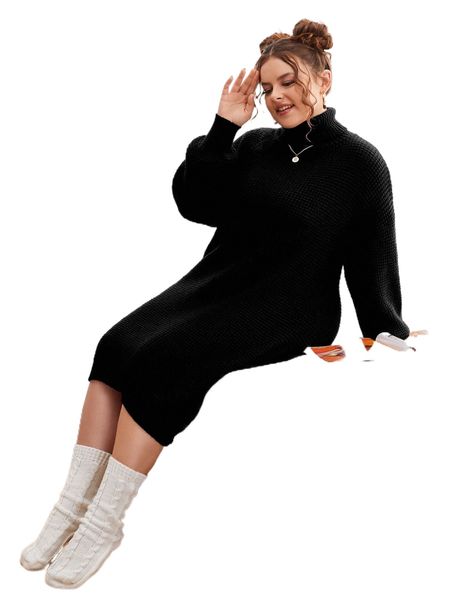 

plus solid high neck knit dress c7cz#, Black