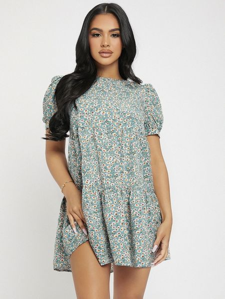 

petite ditsy floral print ruffle hem dress g9ge#, Black;gray