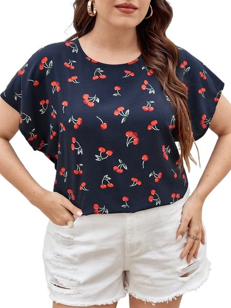 

plus cherry print batwing sleeve blouse 92f4#, Black