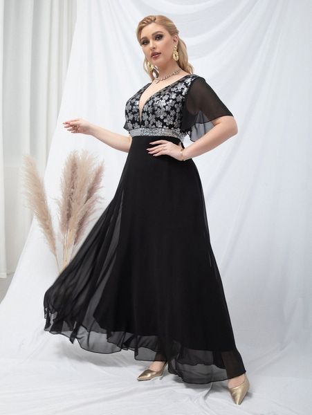 

plus sequin insert floral pattern flutter sleeve chiffon dress l8gz#, Black