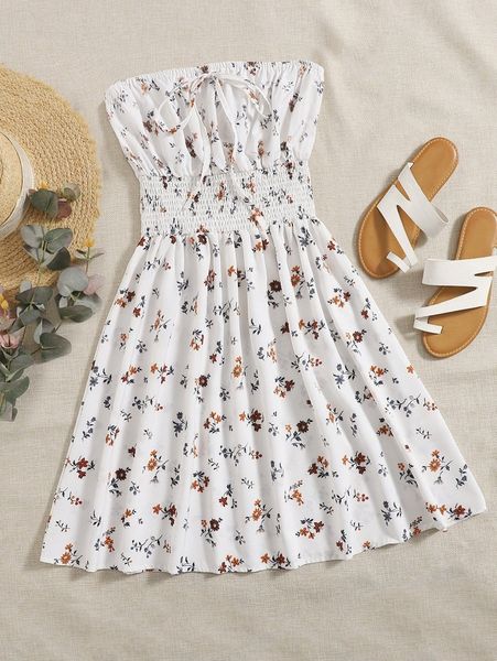 

floral print shirred waist bandeau dress u1zo#, Black;gray