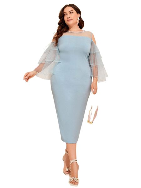 

plus contrast mesh cold shoulder layered sleeve split back dress d6h5#, Black