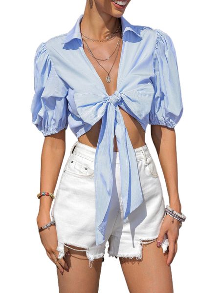 

tie front striped print puff sleeve crop t65m#, White